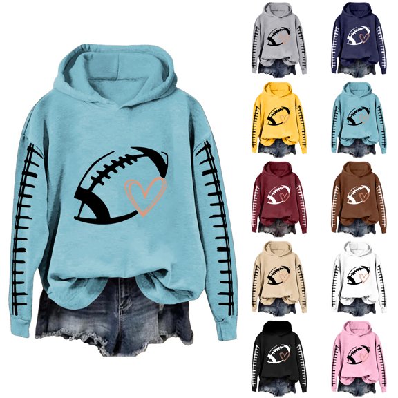 YVNAURA Long Sleeve Football Mom Hoodie Game Day Sweatshirt for Women Heart Graphic Oversized Pullover Casual Hooded Top with Pocket Cozy Fleece Fall Winter Wear, Sky Blue,L