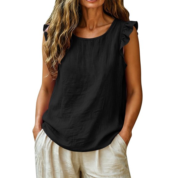 LIZUOJUN Tank Tops for Women Women's Cotton Linen Blend Flutter Sleeve Tank Top Solid Color Casual Loose Fit Summer Vacation Daily Vest Top,Black,L