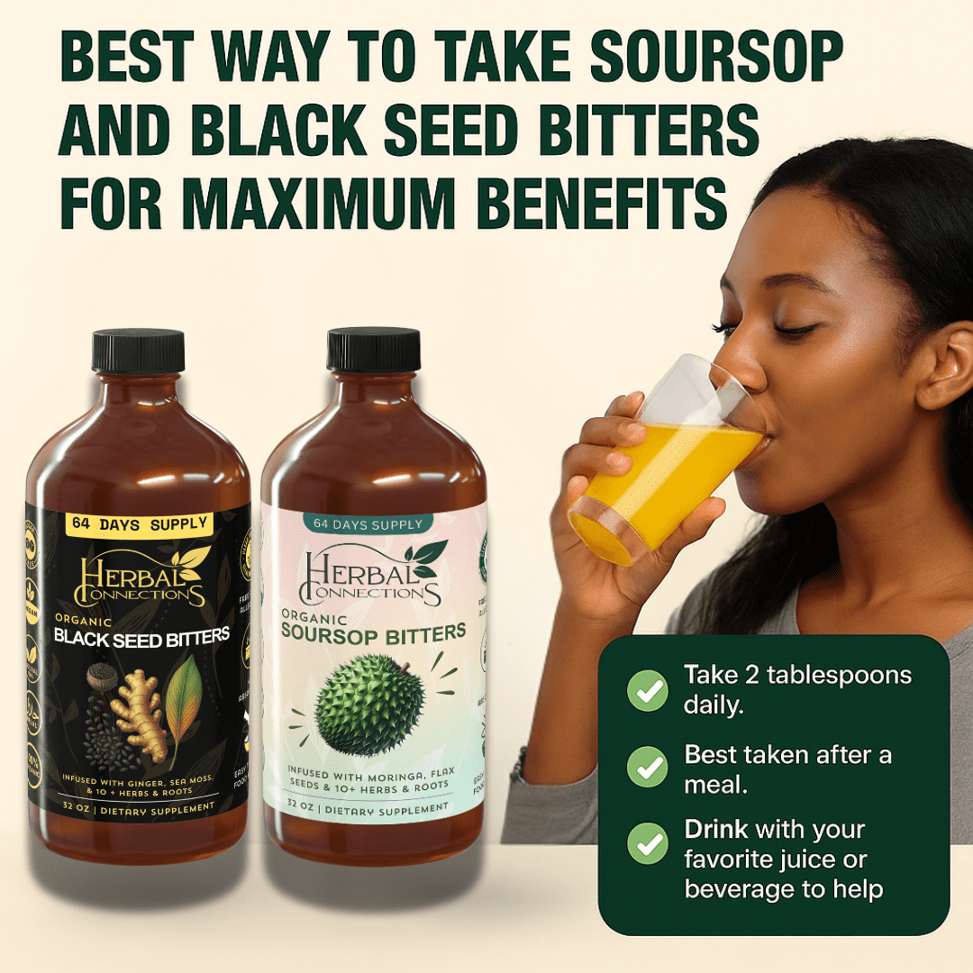 Black Seed & Soursop Bitters Bundle – 32 oz Each (64-Day Supply) By Herbal Connections -Vegan Organic Herbal Tonic for Overall Wellness – No Sugar, Made in USA