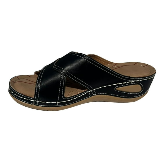 Women's Summer Sandals Comfortable Wedge Open Toe Slip On Shoes Breathable Outdoor Walking Shoes Black 39
