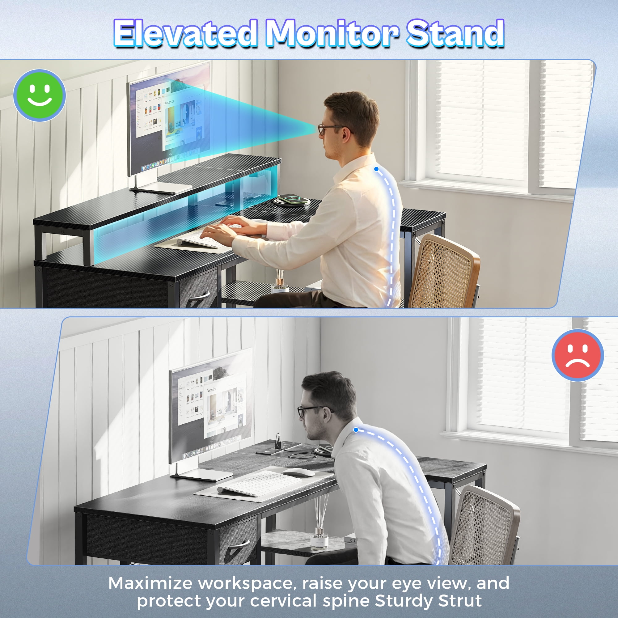 Amadwell 47 Inch L Shaped Desk with LED Strip, Corner Gaming Desk with Power Outlet, Drawer & Shelves