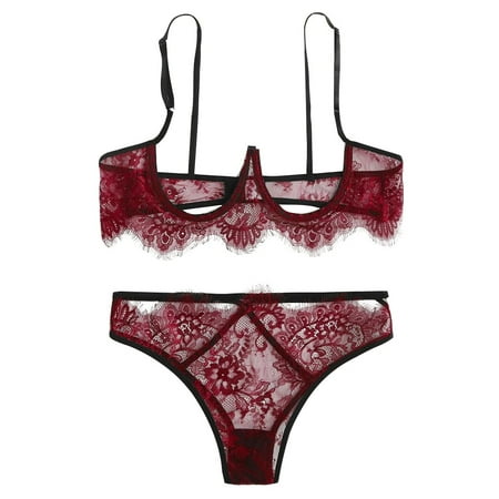 

wendunide pajama set for women New Sexy Fashion Lace Lingerie Underwear Sleepwear Pajamas Thong Wine Red S