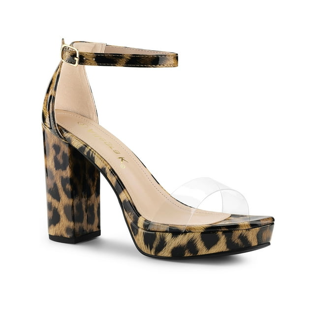 BLISSFUL STEP Women's Printed Clear Platform Block Heels Sandals Leopard Print 7