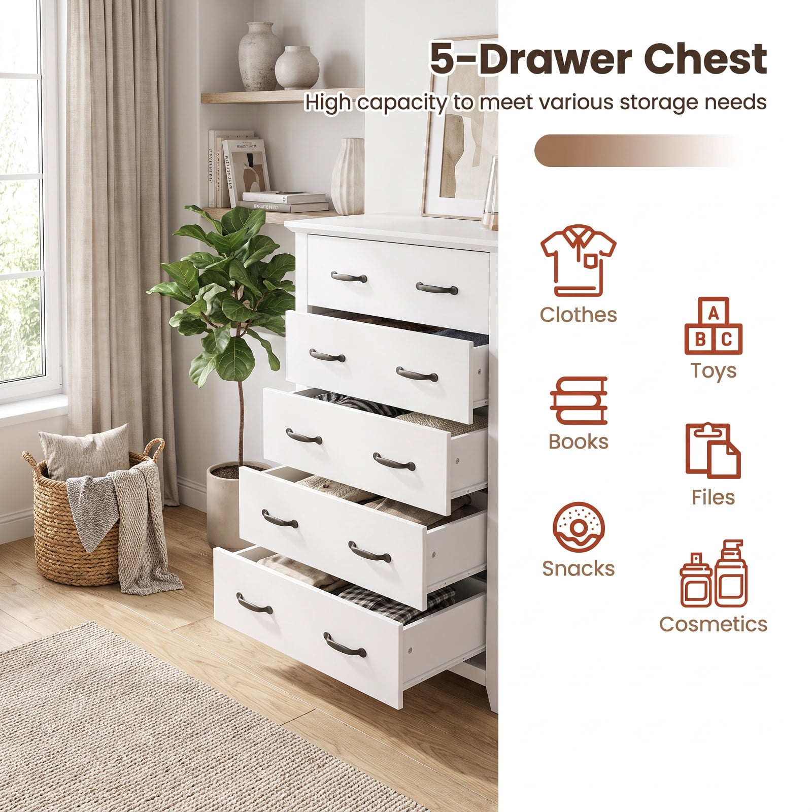 Furnibear Tall Storage Dresser with 5 Pull-out Drawers for Bedroom Living Room for Bedroom Closet Living Room Nursery Clothes Storage, White