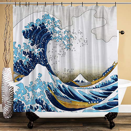 Er Space Japanese Hokusai Modern, Waterproof Fabric Shower Curtain No Liner Needed
