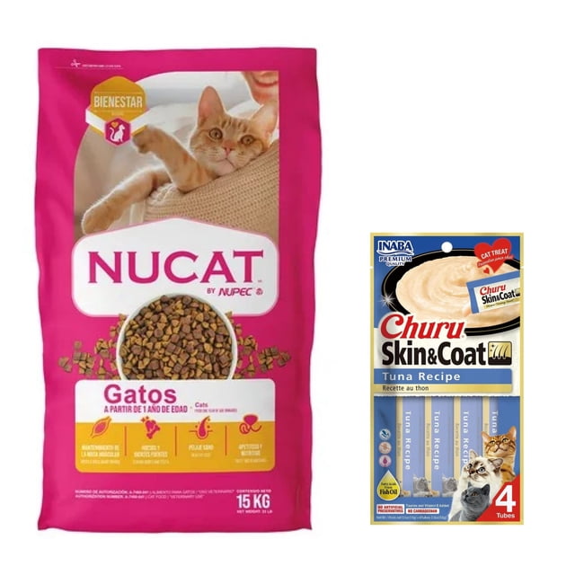 Nucat 15 kg + Churu Skin & Coat Atún Snack 4 tubos de 14g