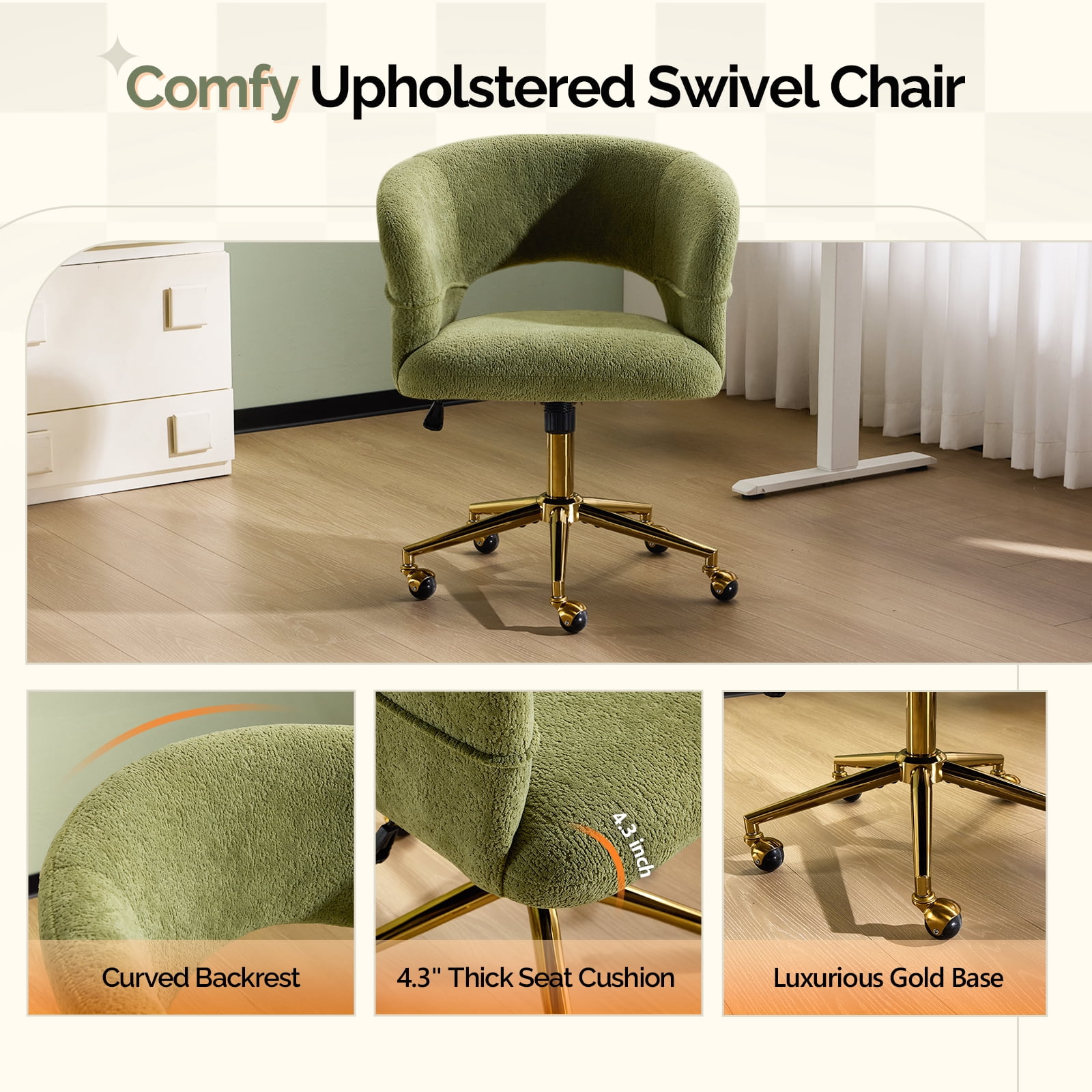 UBesGoo Modern Swivel Accent Chair, Flannel Makeup Vanity Chair, Highly Adjustable Desk Chair for Living Room Dorm Office, Green