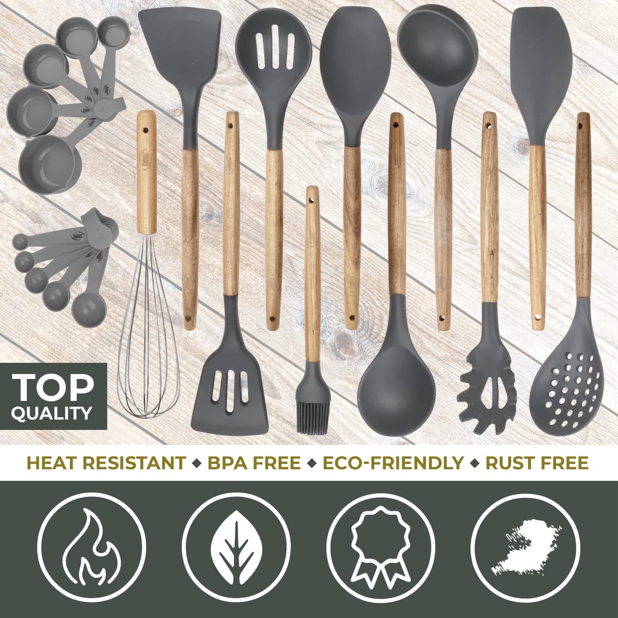 Kaluns 21 Pcs Wood and Silicone Kitchen Utensils Set for Cooking Household Essentials – Premium Cooking Utensil Set, Gray