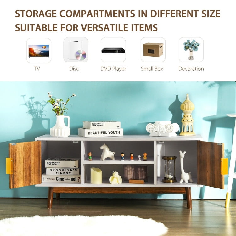 Finihen TV Stand, TV Cabinet, 2 Door TV Stand with 2 Cabinets and Open Shelves for TVs Up to 50 Inch TV, Media Entertainment Center with Storage, for Living Room, Bedroom, White & Rustic Oak