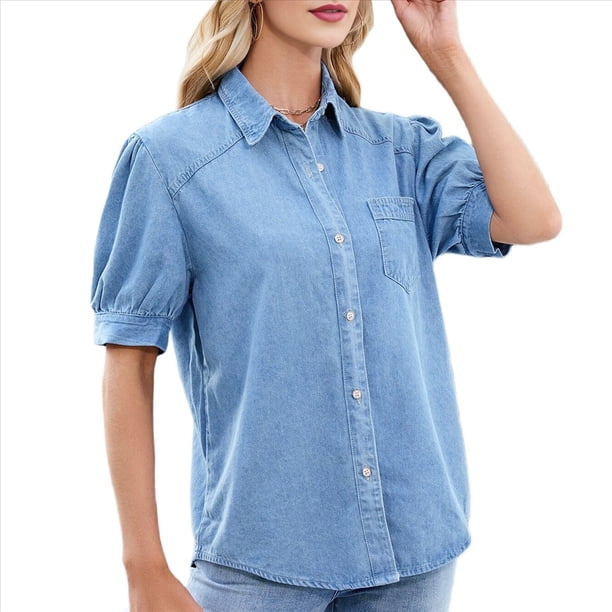 Camisa Vaquera para Mujer, Estilo Informal de Negocios, con Botones, para el Trabajo, con Mangas Abullonadas, para Verano Azul L