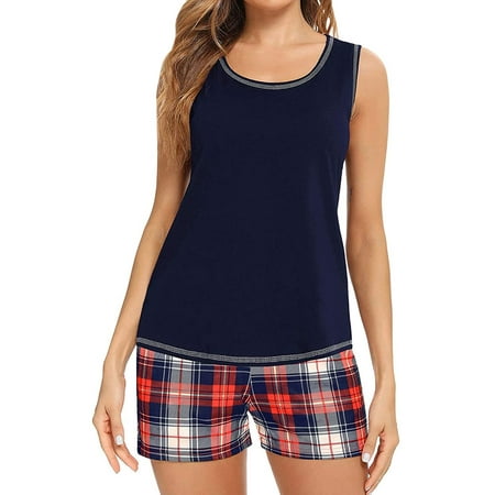 

HUBERY Women Checkered Short Pant With Solid Color Tank Pajamas Two-Piece Set