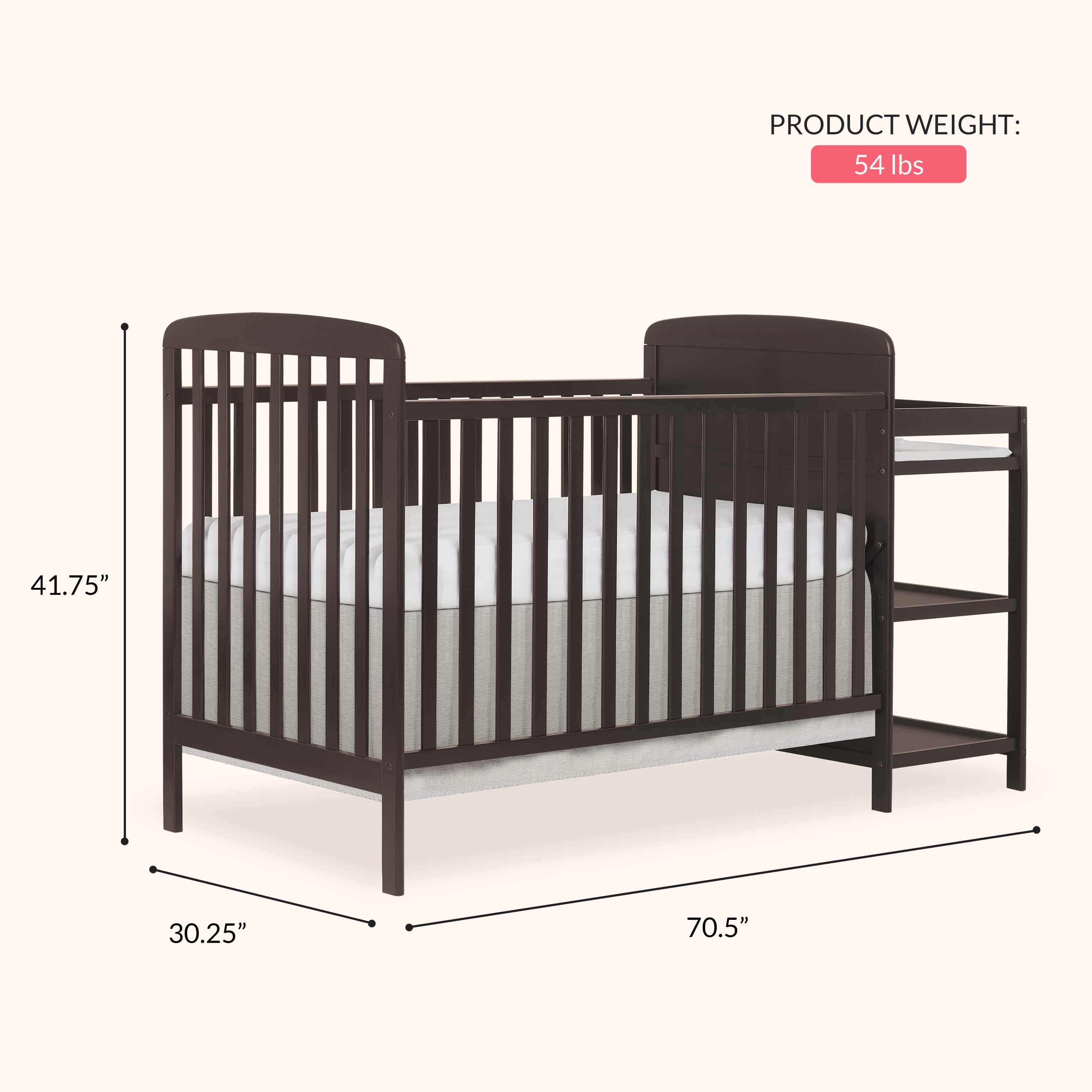 Dream On Me Anna 3-in-1 Convertible Crib with Changing Table Chocolate, Changing Pad Included Converts from Baby Crib to Toddler Bed, Day Bed and Kids Sofa, Three Adjustable Mattress Height Positions