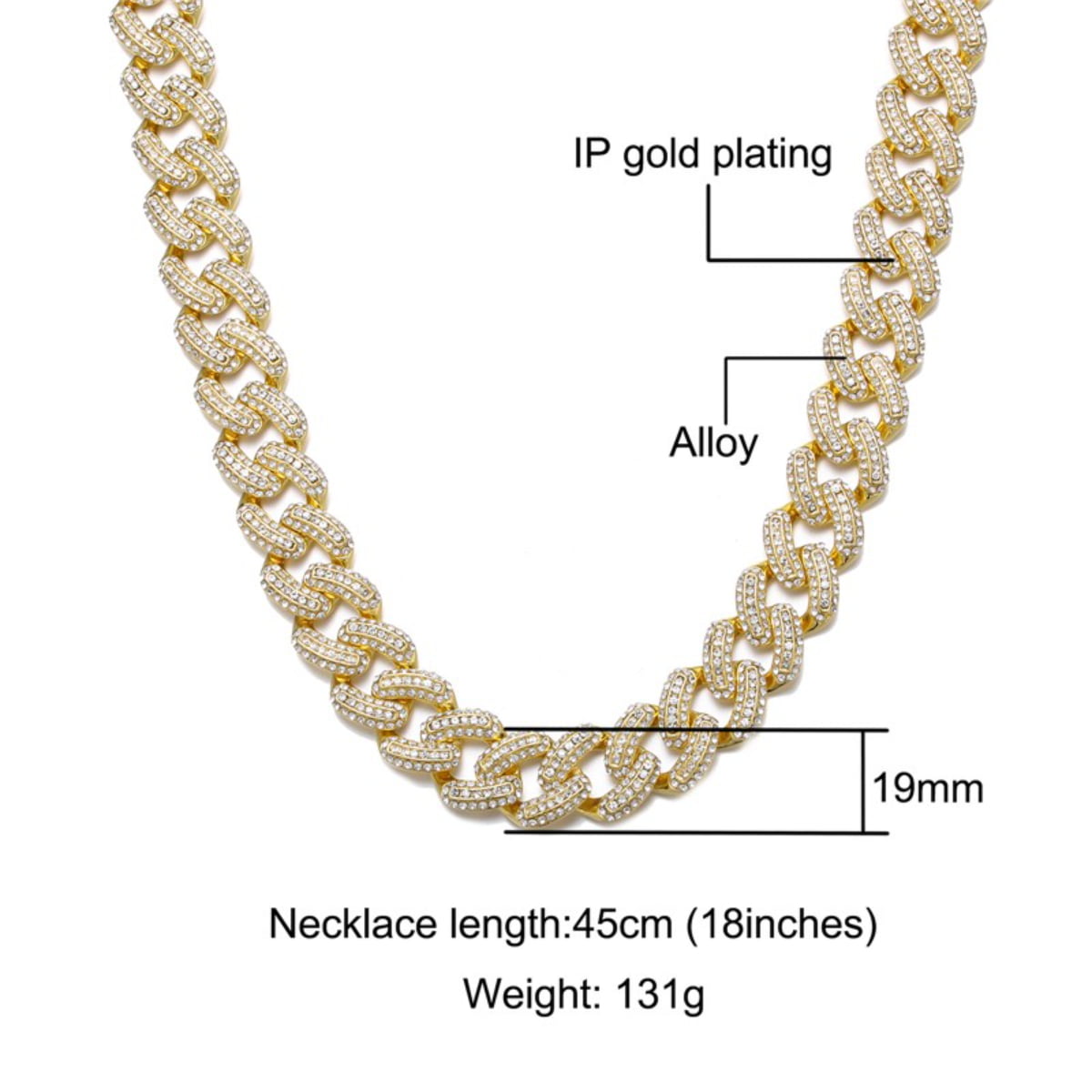 18K Gold Plated Necklace - 5A Zircon Diamond - Cuban Link Chain for Men 8inches / Gold by Pearde Design