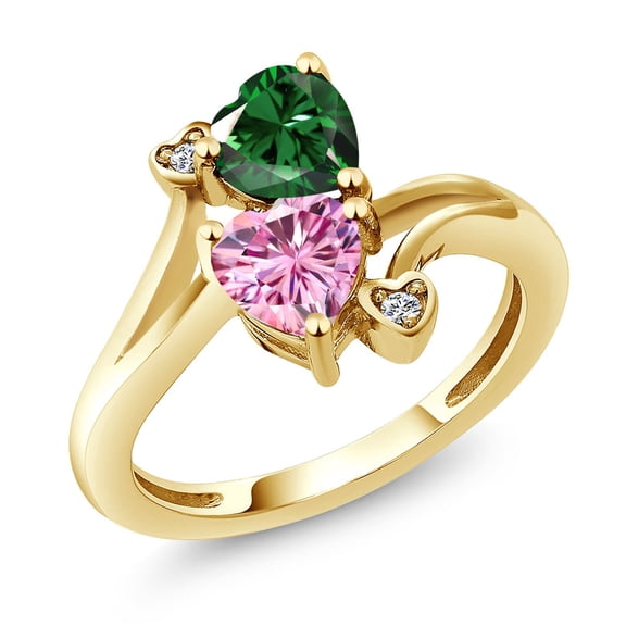 Gem Stone King 18K Yellow Gold Plated Silver Green Nano Emerald Pink Moissanite and White Moissanite Ring for Women (1.53 Cttw, Heart Shape 6MM, Gemstone May Birthstone, Size 9)