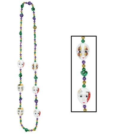 Club Pack of 12 Shiny Green, Gold and Purple Beads with Mardi Gras Mime Masks Party Necklaces 42
