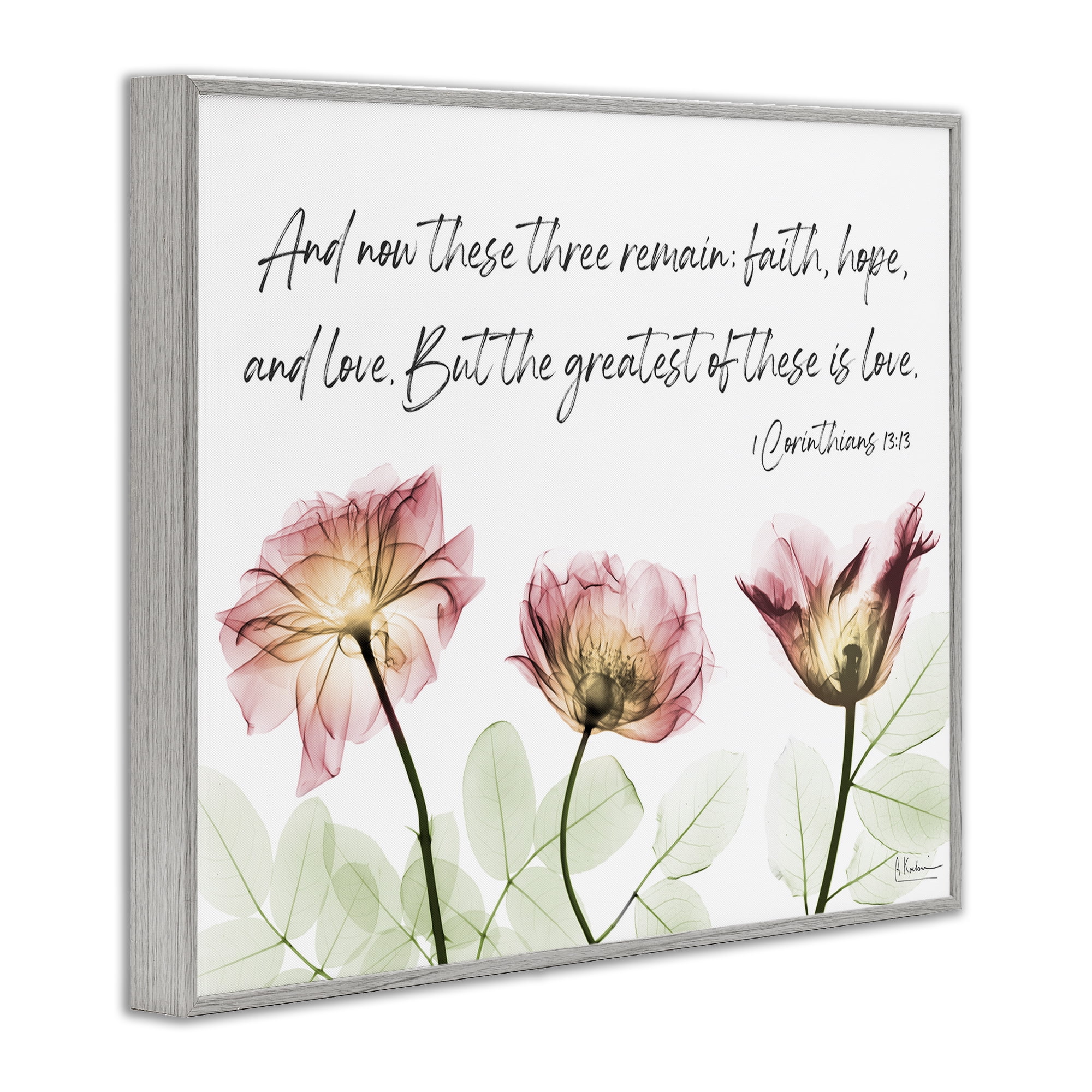 Stupell Industries Faith Hope Love Floral Religious Painting Gray Framed Art Print Wall Art, 20 x 16