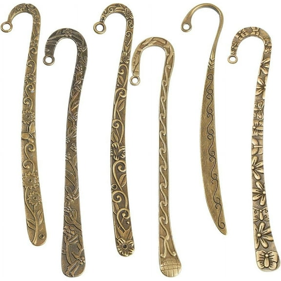 1box 12Pcs Hook Bookmarks Bulk Tibetan Style Bronze Bookmark Hooks Blanks Flower Carved Hairpin Stripe Metal Book Marks Double Sided Vintage Bookmarks with Loop for Beading Crafting