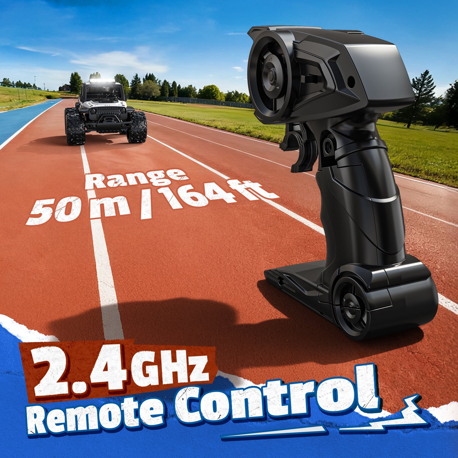 WeFone 1:16 Remote Control Car, 2.4GHz 20KM/H Speed RC Truck with LED Headlight, Off-Road RC Truck, 2 Batteries, Outdoor Play, Best Gift for Kids