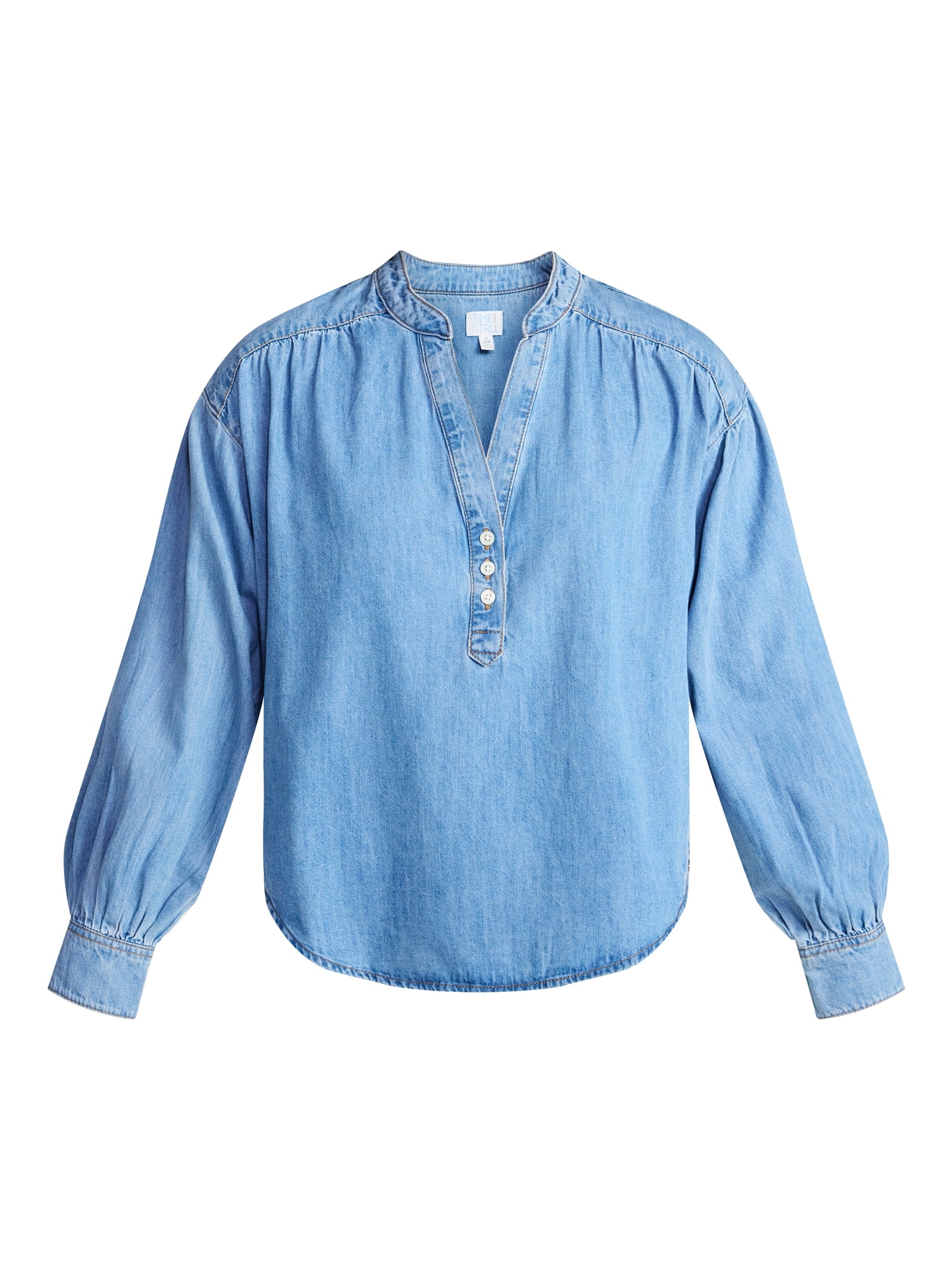 Time and Tru Women's Popover Denim Top with Long Sleeves, Sizes XS-XXXL