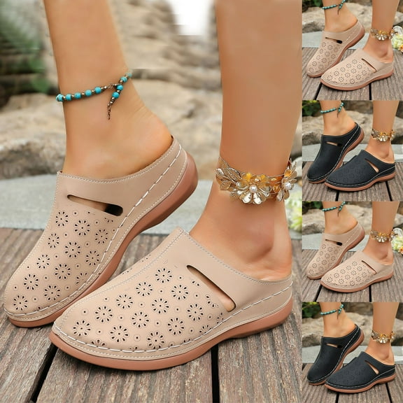 HAOTAGS Women's Perforated Mule Slippers, Closed Toe Slip-On Wedge Chunky Heel Footwear Khaki 6.5
