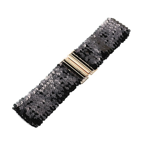 Womens Solid Color Sequin Belt Dress Waistband Elastic Gold Alloy Buckle Belt Shaping Belt D-734 Black