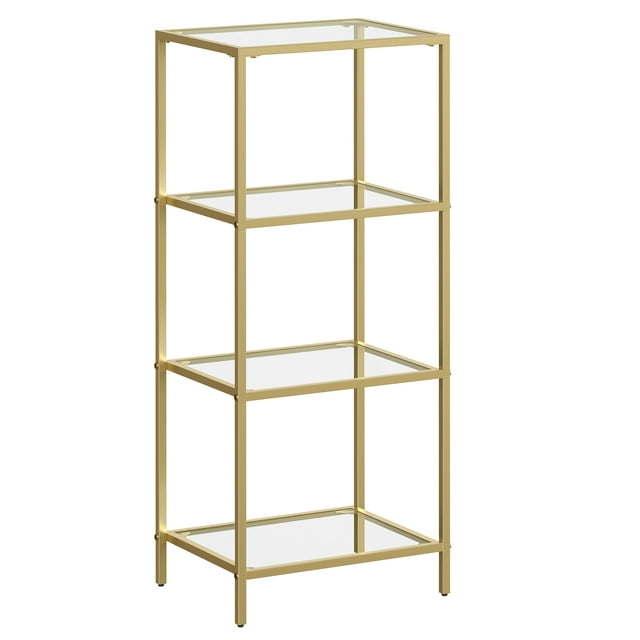VASAGLE Estantería de Cristal de 4 Niveles, Librería, Expositor, Cristal Templado, Baño, Salón, Dormitorio, Oficina, Dorado
