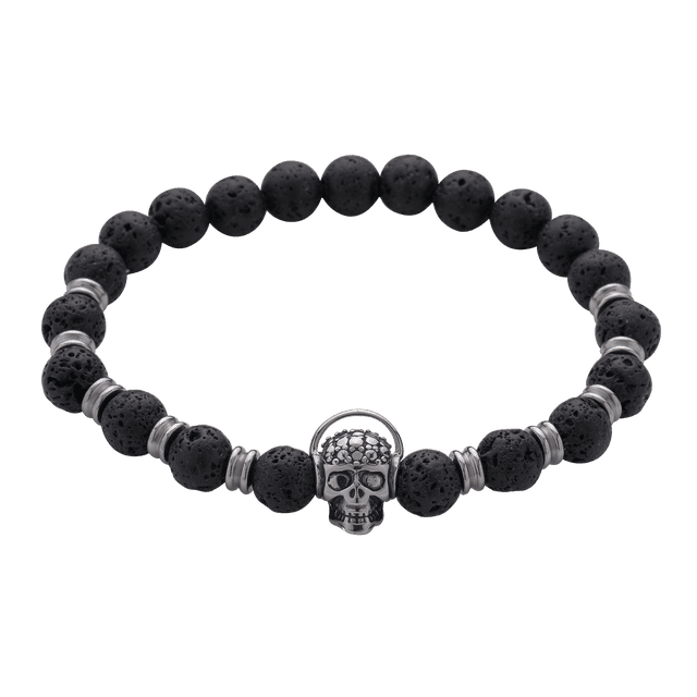 Pulsera Hombre de Calavera LUCKMAN, Piedra Volcánica Negra y Acero Inoxidable, Modelo Parker Luckman Pulsera de Piedra Volcánica Negra con Calavera de Acero Inoxidable Color Plata