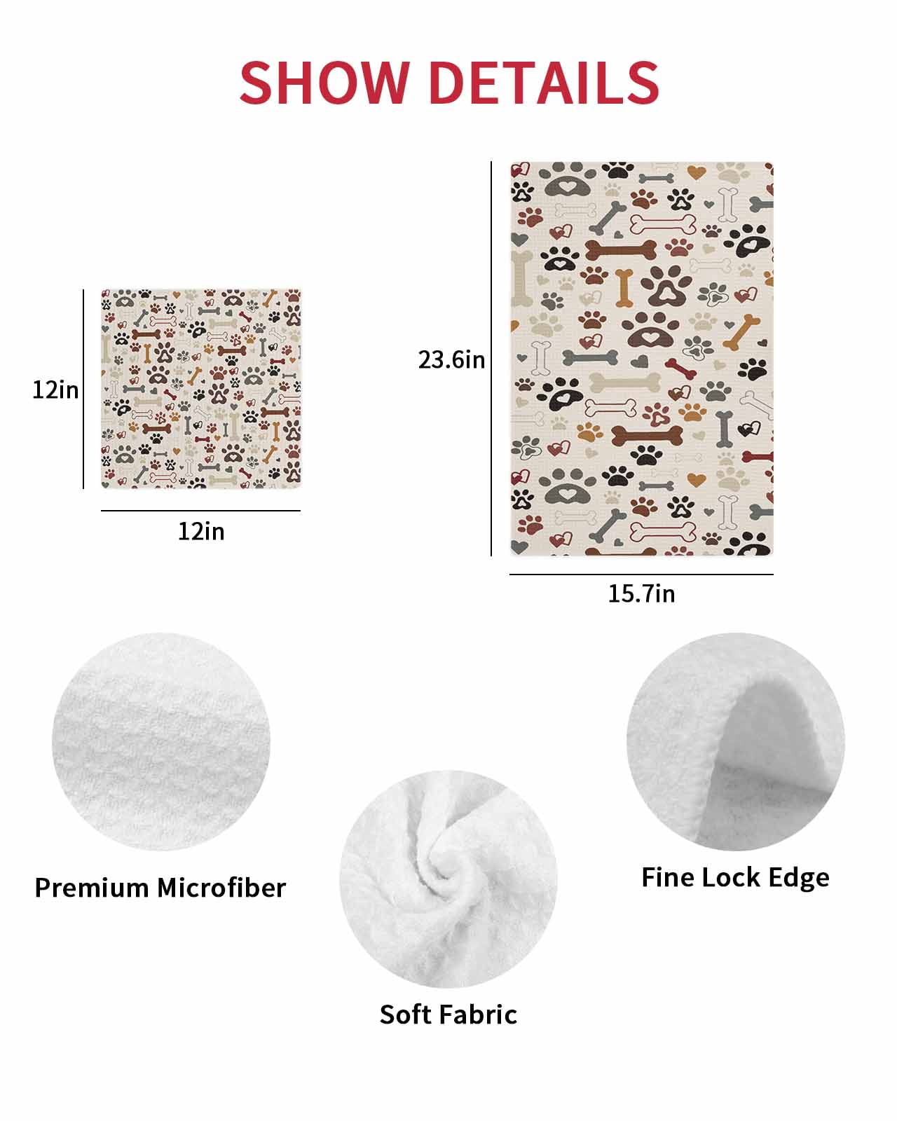 Dog Paw Dish Towels Set, Waffle Weave Kitchen Towels 3 Pieces, Vintage Farmhouse Dog Bones Love Heart Microfiber Hair Face Bath Tea Towel Absorbent Quick Drying Cleaning Dish Cloths 12"x12"