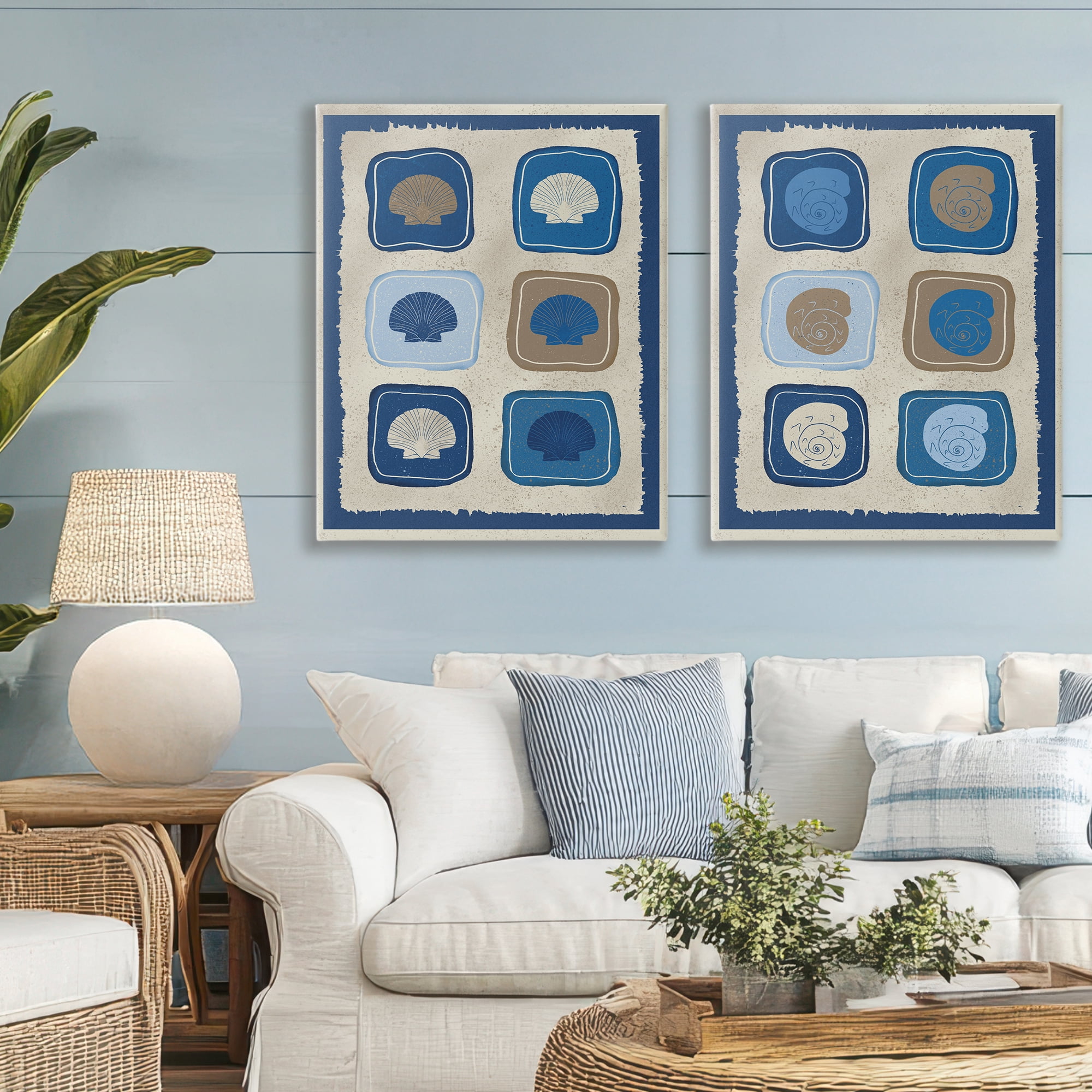 Stupell Industries Blue Blocked Seashells 2 Piece Canvas Wall Art Set, design by Julia Frost