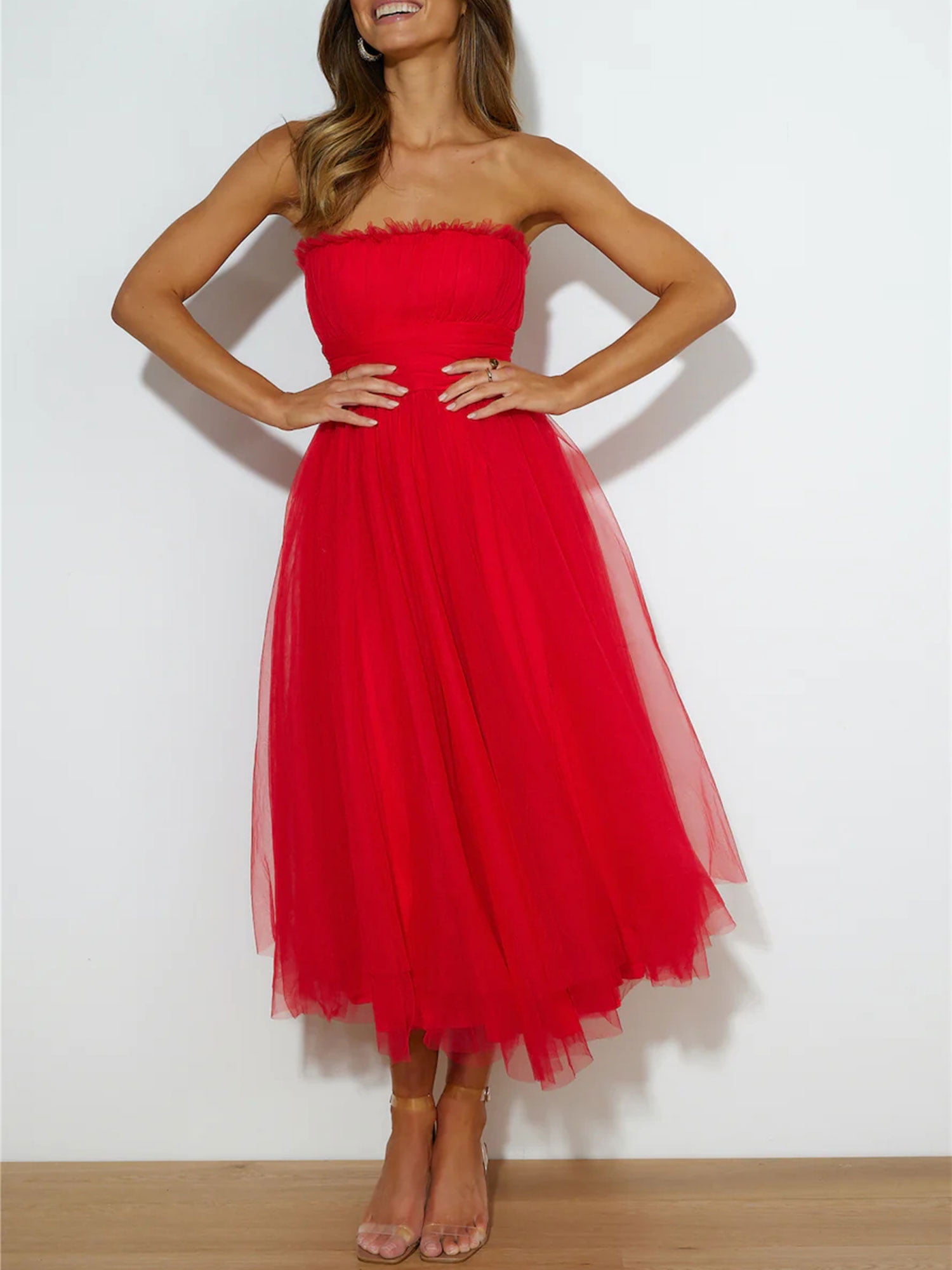 パーティードレス Strapless Ruched Tulle Midi Cocktail Dress GXFC Women Wedding Dresses Strapless Tulle Midi Cocktail