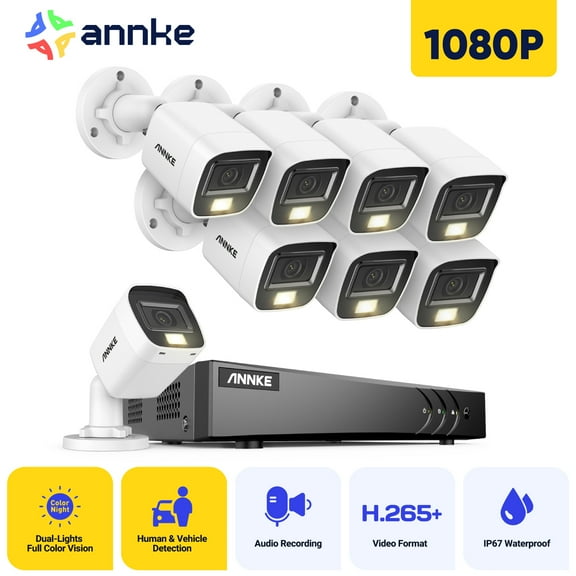 ANNKE 8CH Wired Outdoor Security Camera System with AI Human/Vehicle Detection, 5MP Lite H.265  CCTV DVR Recorder and 8 x 1080P Surveillance Cameras, Email Alert with Snapshots, 0TB HDD, White