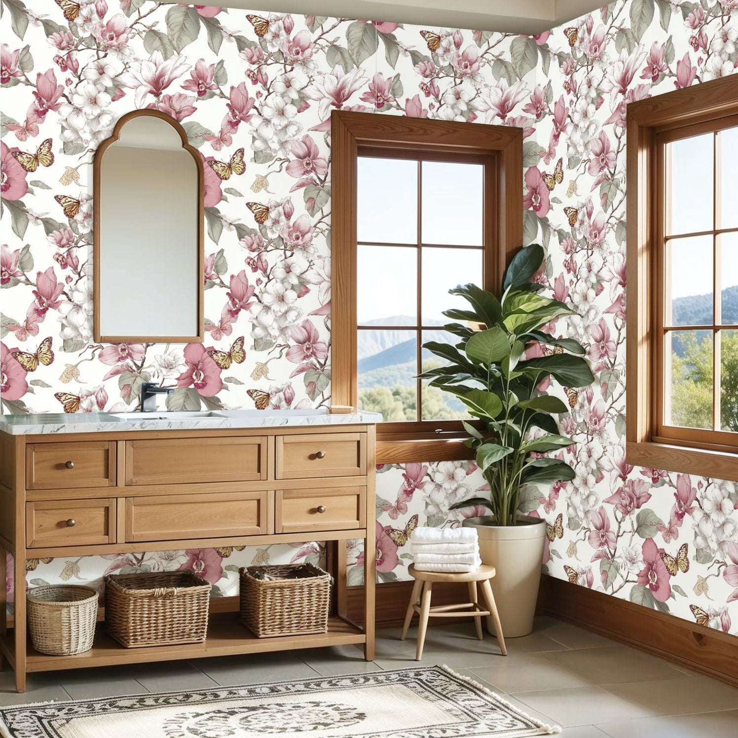 Peel and Stick Wallpaper Floral Butterfly Soft Pink White Flowers boho Wall Mural 23.6in x 9.8ft Self Adhesive Removable Wall Paper Renter Friendly Wallpaper for Girls Women Bedroom Livingroom