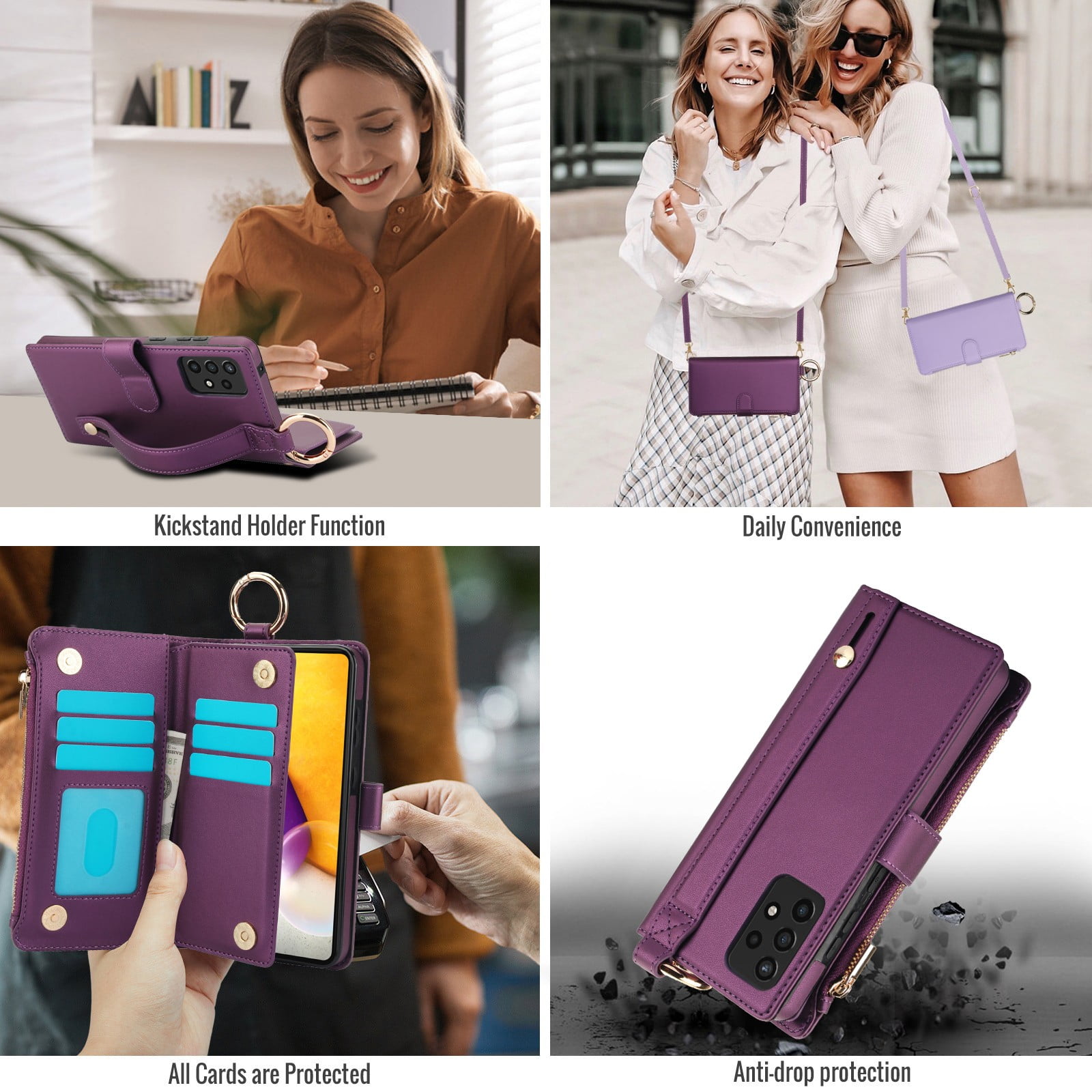 ELEHOLD For Samsung Galaxy A53 5G Phone Case Leather Crossbody Zipper Card Wallet Flip Case Kickstand Cover, with Ring Holder,Full Body Protection-Deeppurple