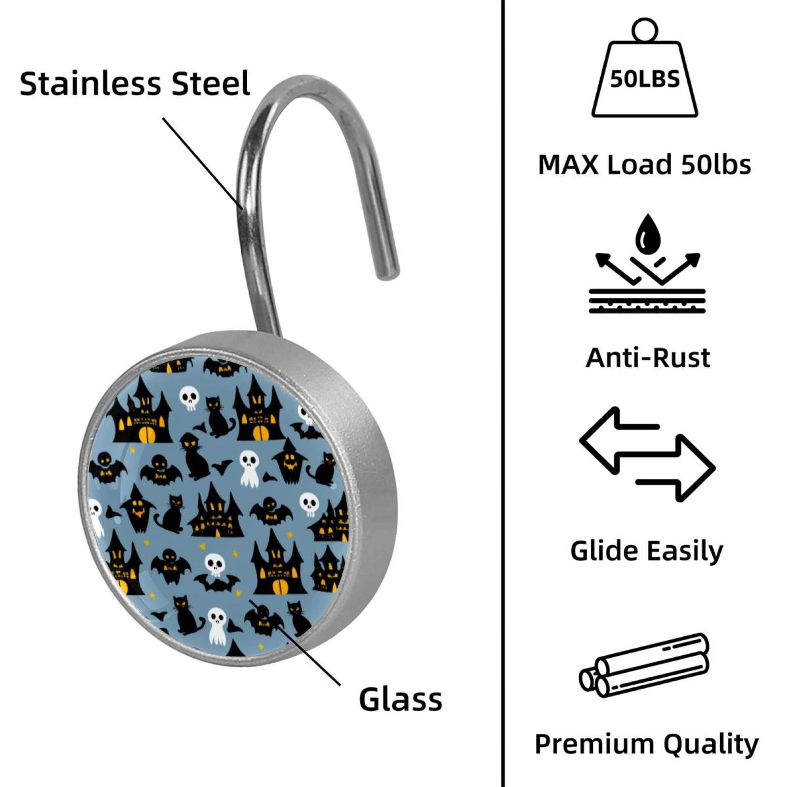 12pcs Decorative Shower Curtain Hooks, Rust Resistant Shower Rings for Bathroom Living Room,Rustproof Stainless Steel Rings for Shower Curtain and Liner Rods,Halloween Castle Bat Cats