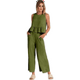 thumbnail image 2 of Women'S Casual Sleeveless Pleated Round Neck Vest Wide Leg Cropped Pants Set Green S, 2 of 6