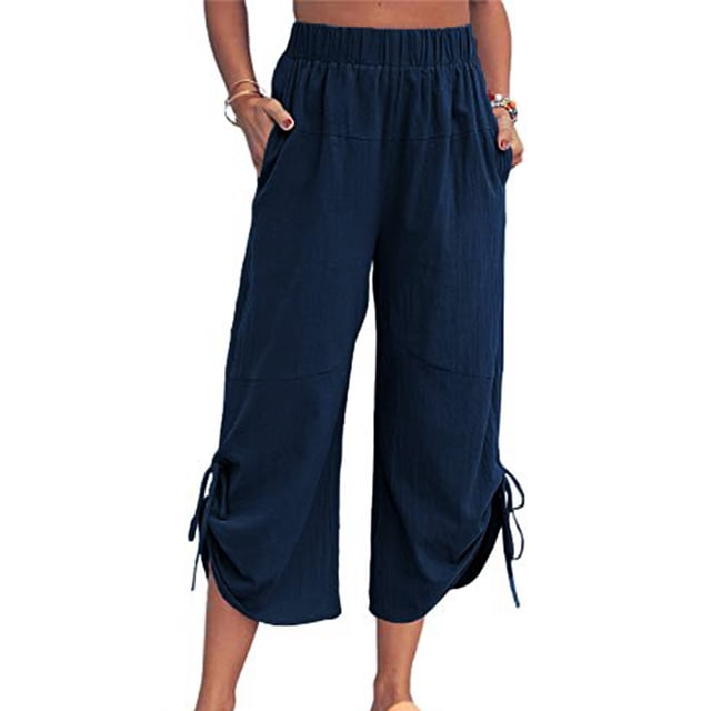 Snoarin Summer Plus Size Women Capris for Summer Womans Summer Solid Color Cotton Linen Loose Drawstring Pocket Cropped Trousers With Pockets Pants Trousers for Women on Clearance