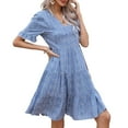 thumbnail image 4 of Defitshape Women's Summer Dresses Short Sleeve Dress V Neck Ruched Cute Beach Casual Ruffle High Waist Sundress Blue 8, 4 of 4