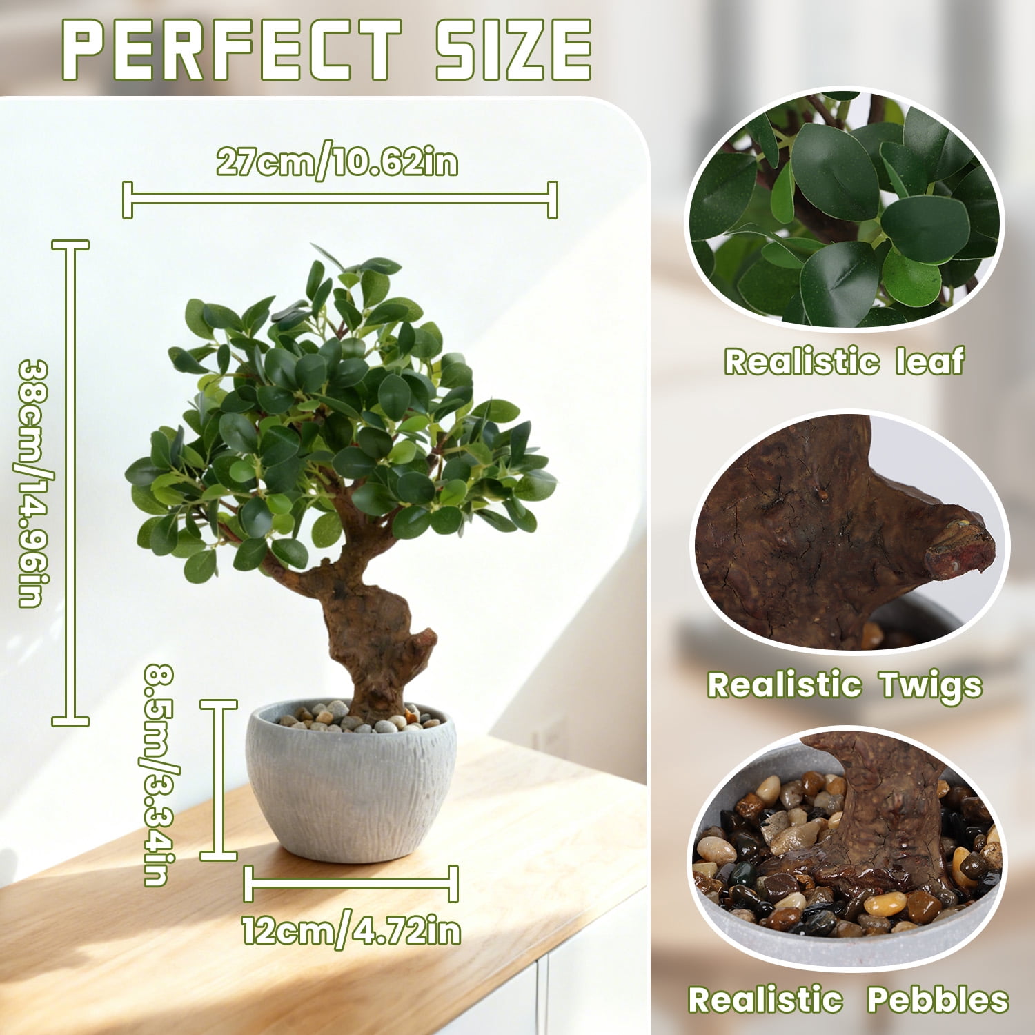 Artificial Bonsai Tree Potted Plant with Pot, 15" Tall Fake Potted Faux Plant Desk Decor, Realistic Decorative Plants Indoor Decor for Home Bedroom Bathroom Office Desk