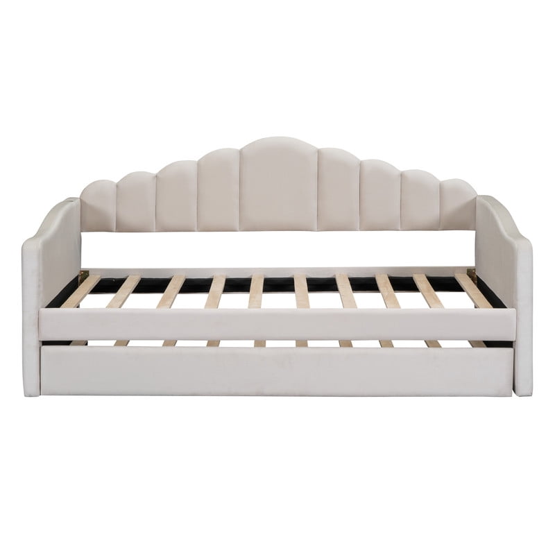 Twin Size Velvet Upholstered Daybed with Trundle, Low Profile Sofa Bed Frame with USB Ports & Curved Backrest