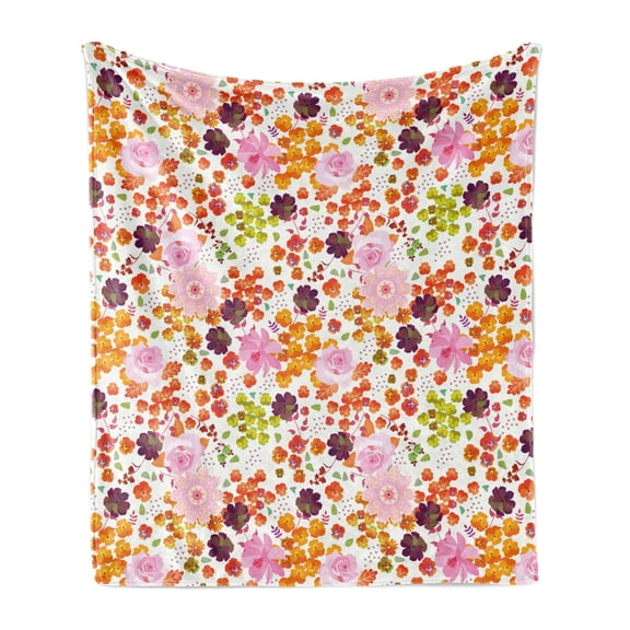 Spring Soft Flannel Fleece Throw Blanket, Colorful Flowers Roses Daisy Gardening Blossoms Romantic Nature Motif, Cozy Plush for Indoor and Outdoor Use, 50" x 60", White and Multicolor, by Ambesonne