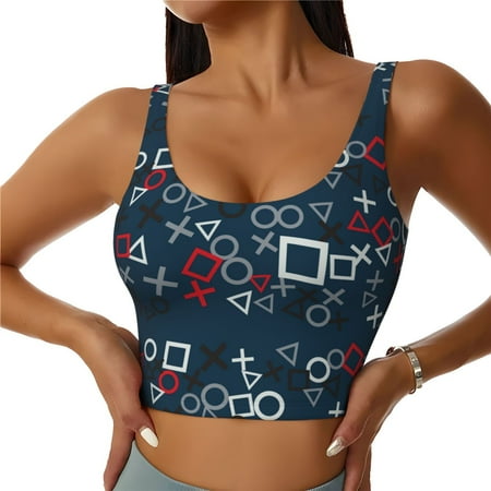 Jgfou Navy Blue Geometric Print Womens Sports Bra - Padded Workout Sports Bras Crop Tank Top