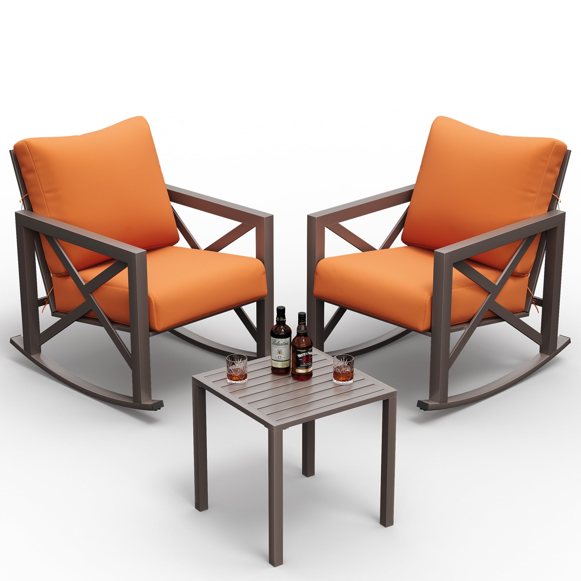 UDPATIO Rocking Chair Bistro Set, 3 Piece Outdoor Patio Furniture Set with 2 Rockers and 1 Metal Coffee Table with Thick Cushions for Porch, Backyard, Poolside, Orange