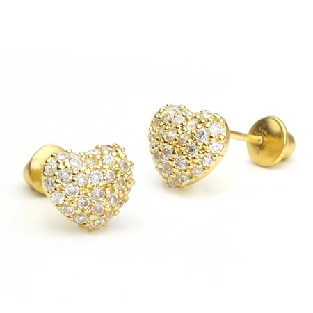 Mini Heart Post Earrings - 14k Gold Plated Brass Domed Heart Cubic Zirconia Screwback Girls Earrings with Sterling Silver Post