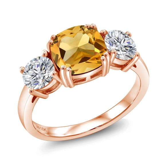 Gem Stone King 18K Rose Gold Plated Silver Yellow Citrine and Lab Grown Diamond Engagement Ring for Women | 3.00 Cttw | Cushion 8MM | Gemstone November Birthstone | Size 6