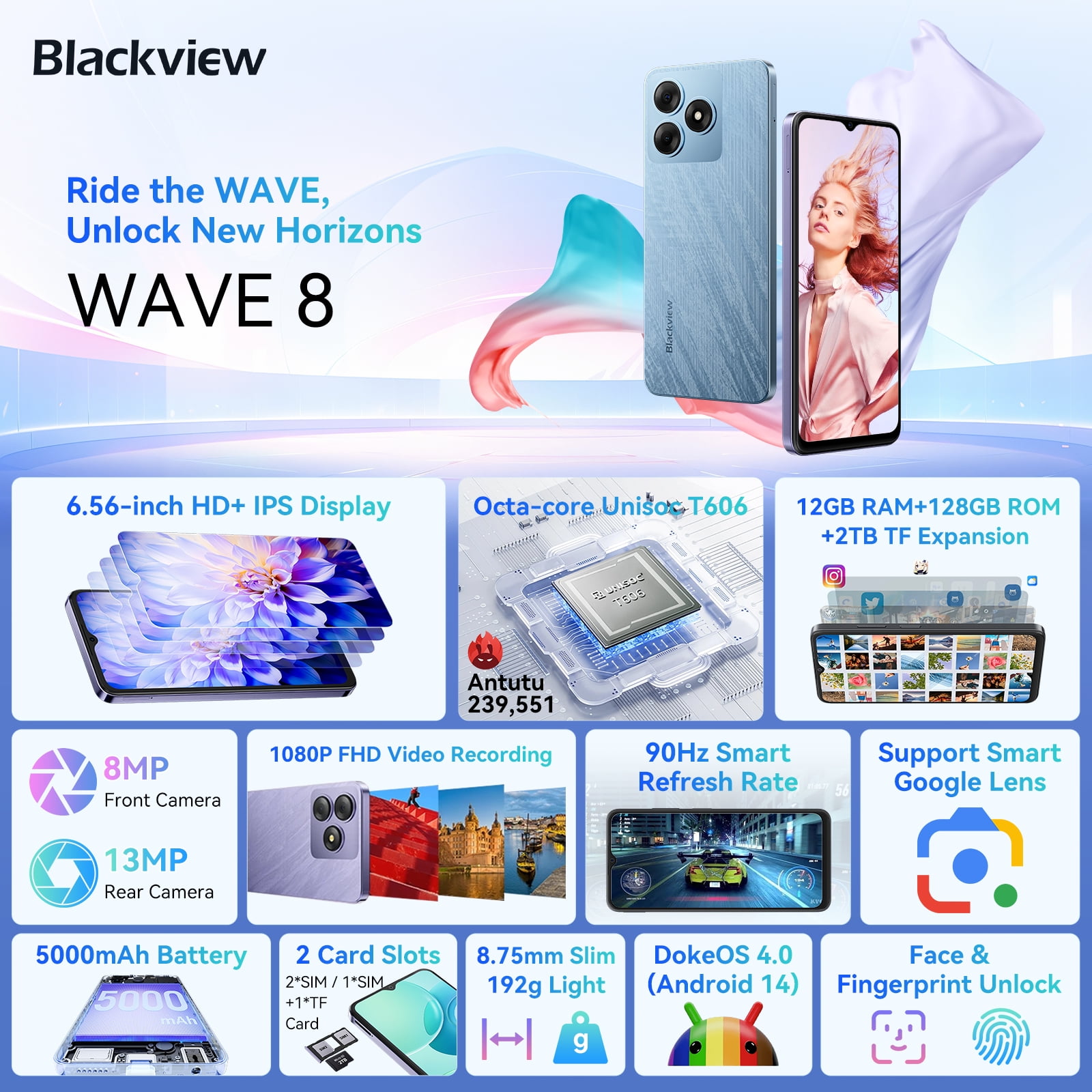 Blackview Unlocked Cell Phones Wave 8 4GB RAM 128GB ROM Octa-core GSM 4G LTE Smartphone Dual SIM , 6.5" HD+ 90Hz, Blue