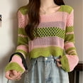 thumbnail image 2 of BUYISI Y2k Women Knitted Crop Top Long Sleeve Crochet Stripe Shirt Pullovers Streetwear Green, 2 of 9