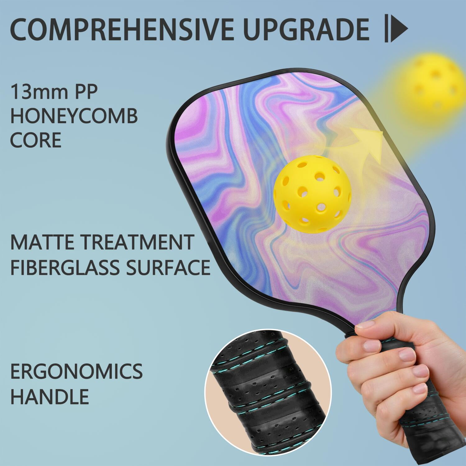 Pickleball Paddles Set Of 2, Fiberglass Surface, Liquid & Marble Print, 4 Balls & Bag