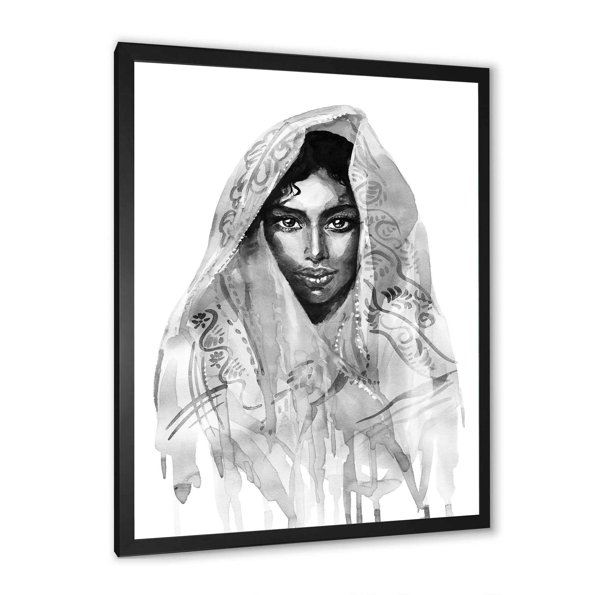 Designart 'Black and White Portrait of Young Indian Woman I' Modern Framed Art Print
