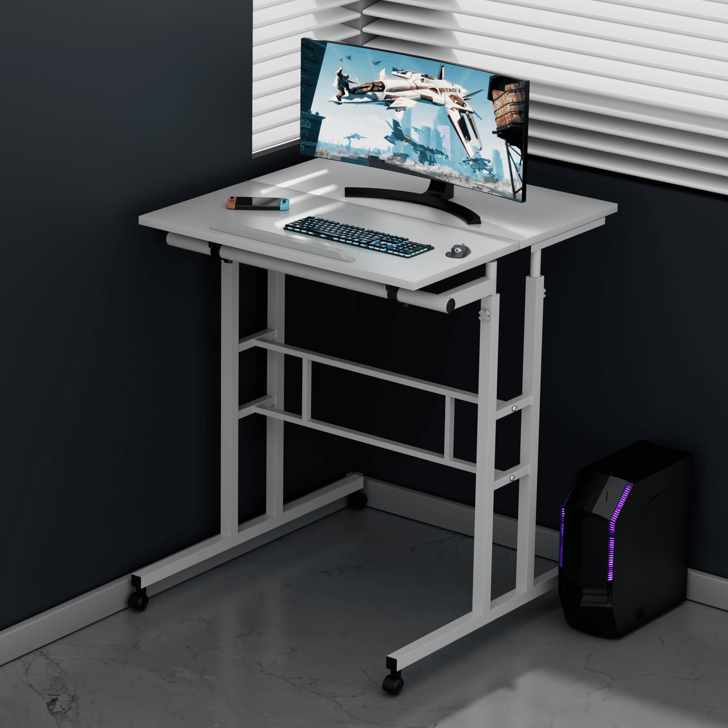 MoNiBloom Mobile Standing Desk, Adjustable Rolling Computer Desk, Portable Laptop Table Home Office Laptop Workstation with Wheels, White