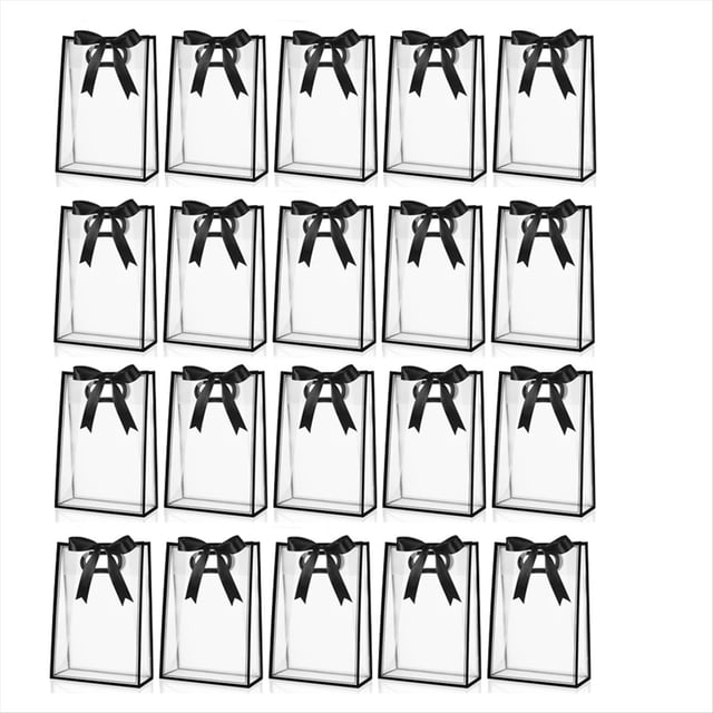 20 Bolsas de Regalo de Plástico Transparente con Asas Troqueladas, Reutilizables, con Flores y Lazo Negro.